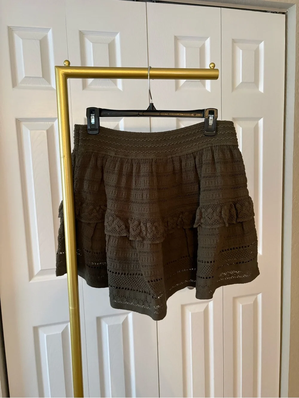Crochet Mini Skirt Cotton Ruffled Olive Green, Cottagecore Feminine Grunge Color